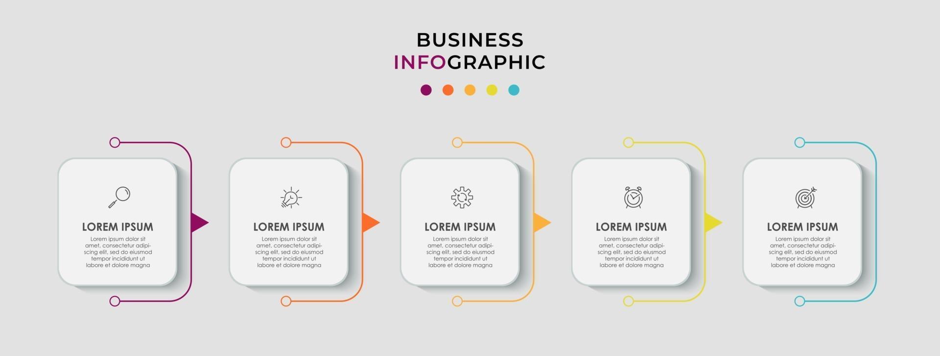 El vector de diseño de infografías y los iconos de marketing se pueden utilizar para el diseño de flujo de trabajo, diagrama, informe anual, diseño web. concepto de negocio con 5 opciones, pasos o procesos.