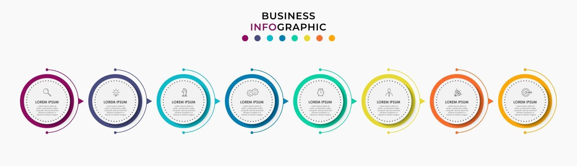 El vector de diseño de infografías y los iconos de marketing se pueden utilizar para el diseño de flujo de trabajo, diagrama, informe anual, diseño web. concepto de negocio con 8 opciones, pasos o procesos.