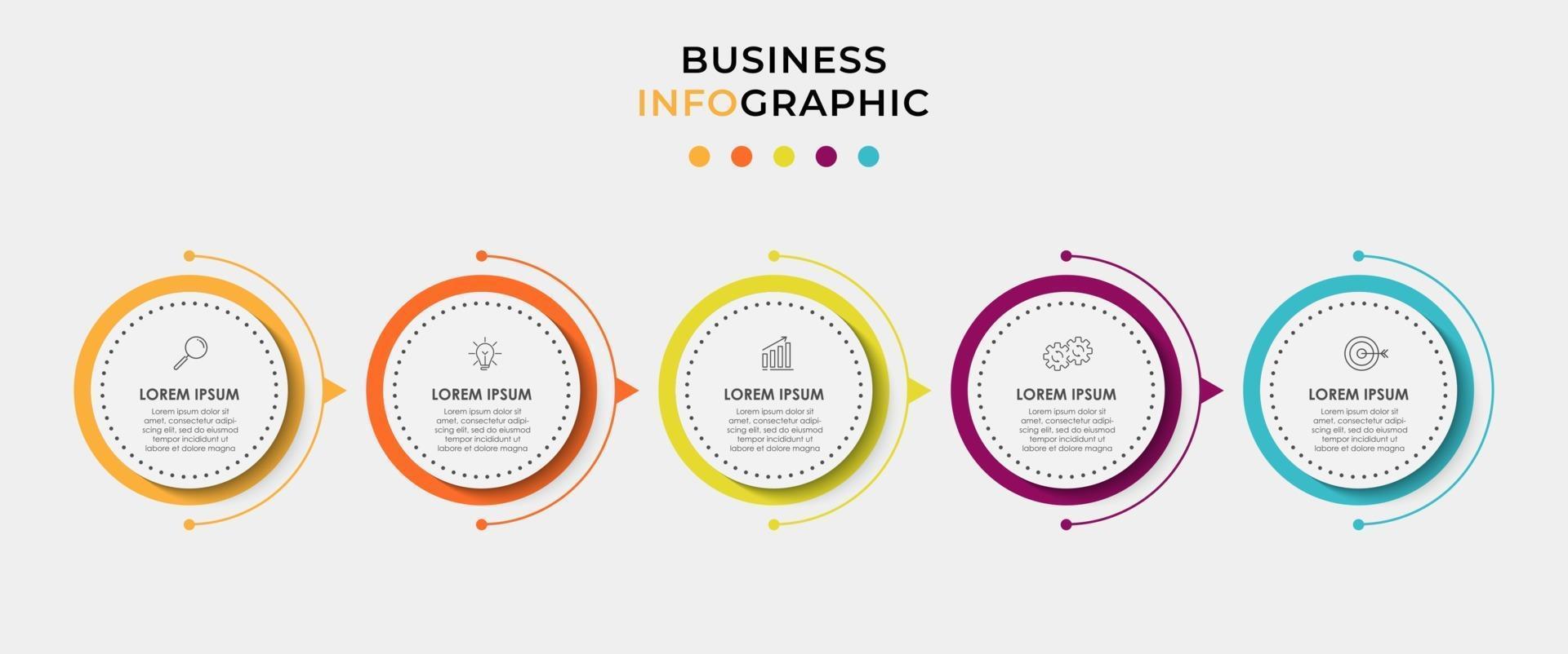 El vector de diseño de infografías y los iconos de marketing se pueden utilizar para el diseño de flujo de trabajo, diagrama, informe anual, diseño web. concepto de negocio con 5 opciones, pasos o procesos.