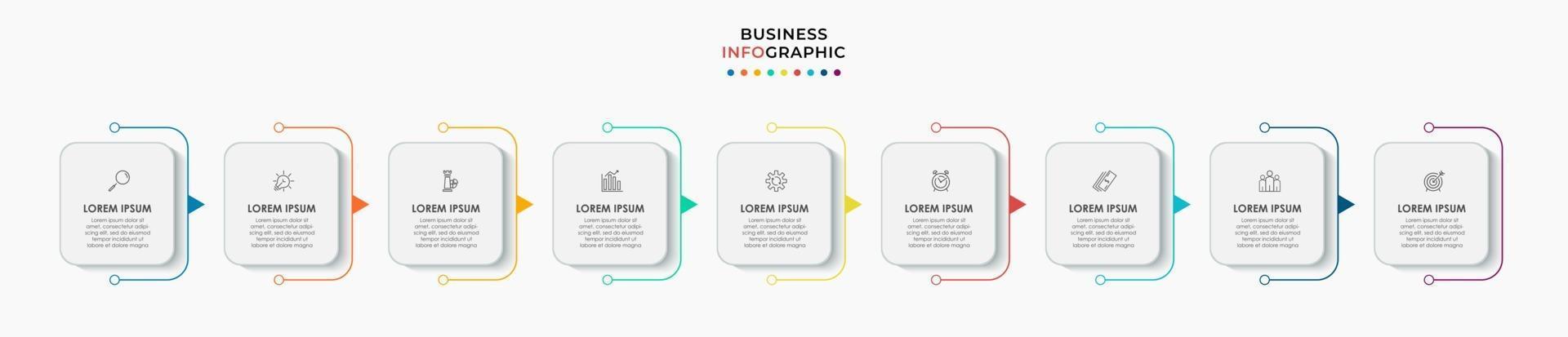 El vector de diseño de infografías y los iconos de marketing se pueden utilizar para el diseño de flujo de trabajo, diagrama, informe anual, diseño web. concepto de negocio con 9 opciones, pasos o procesos.