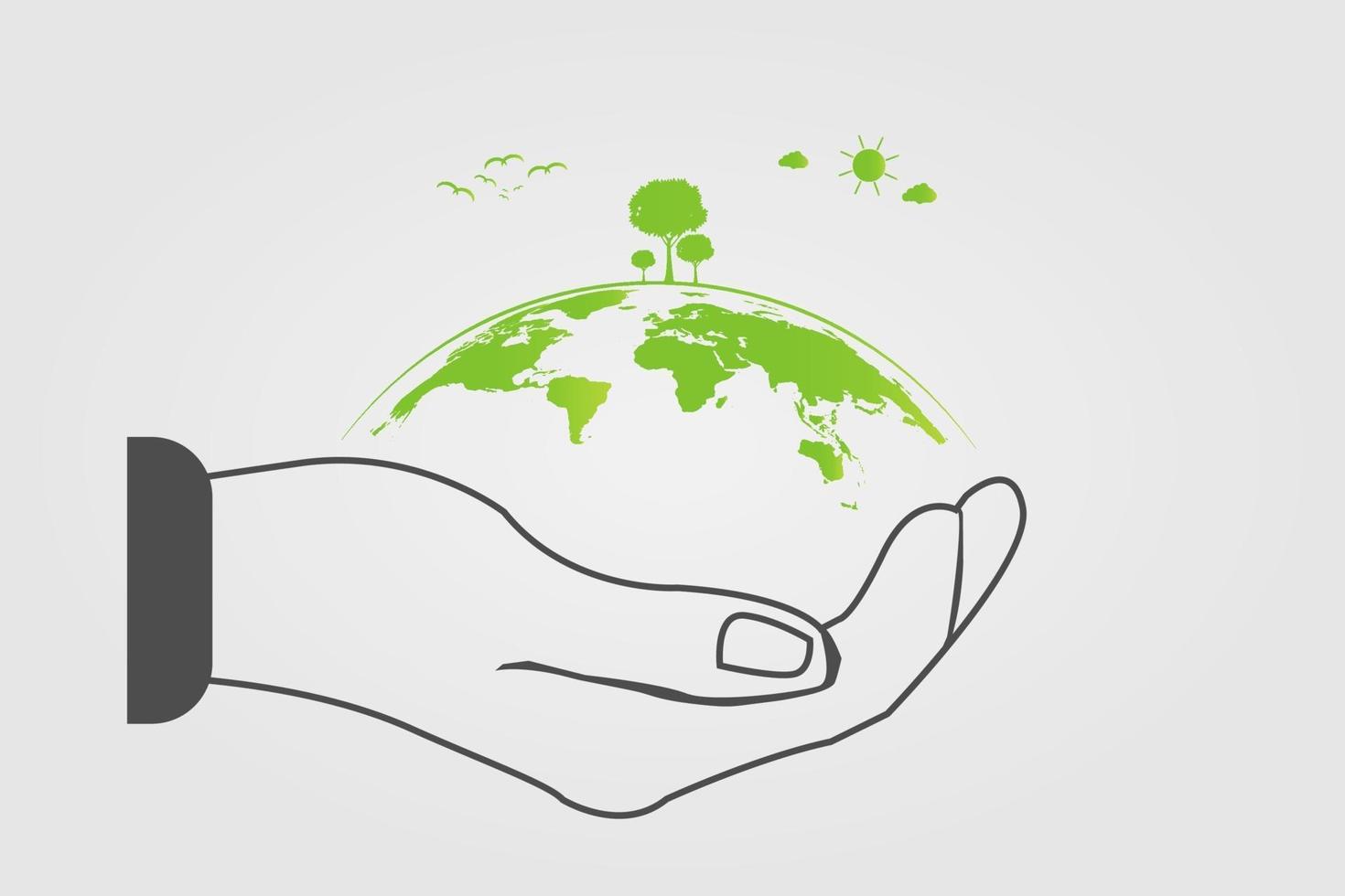 The world in your hands ecology concept. Green cities help the world with eco-friendly concept vector