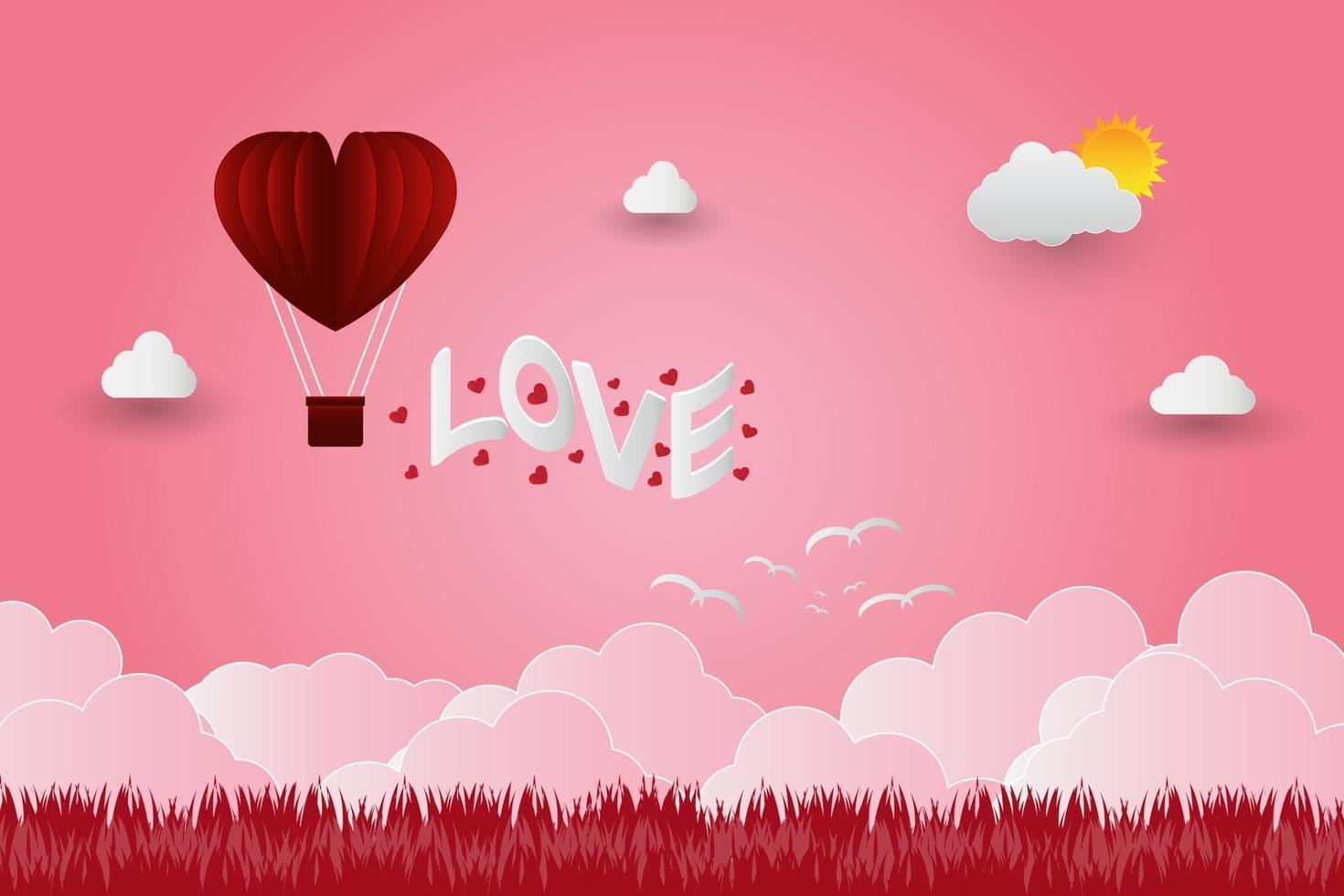 Valentine's day balloons in heart shape flying over grass view background, paper art style. vector