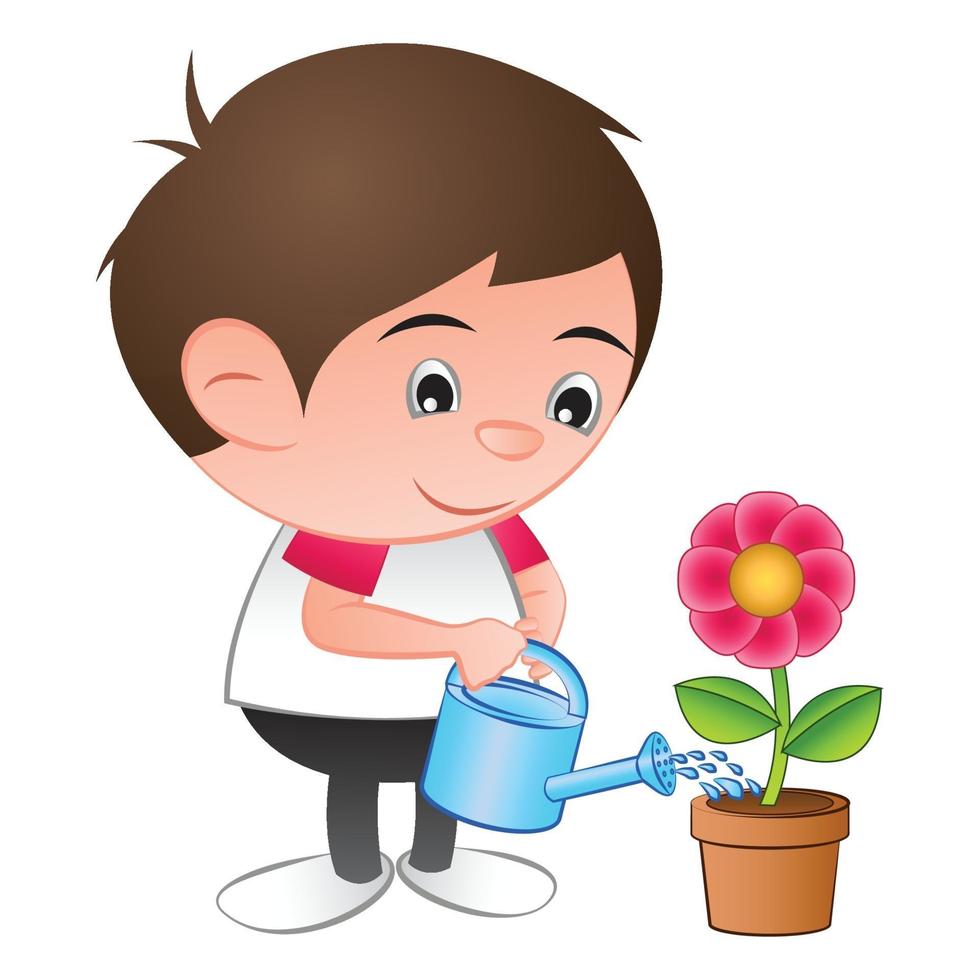 Una caricatura de niño con cabeza de burbuja riega la planta de flor roja en el fondo blanco aislado vector