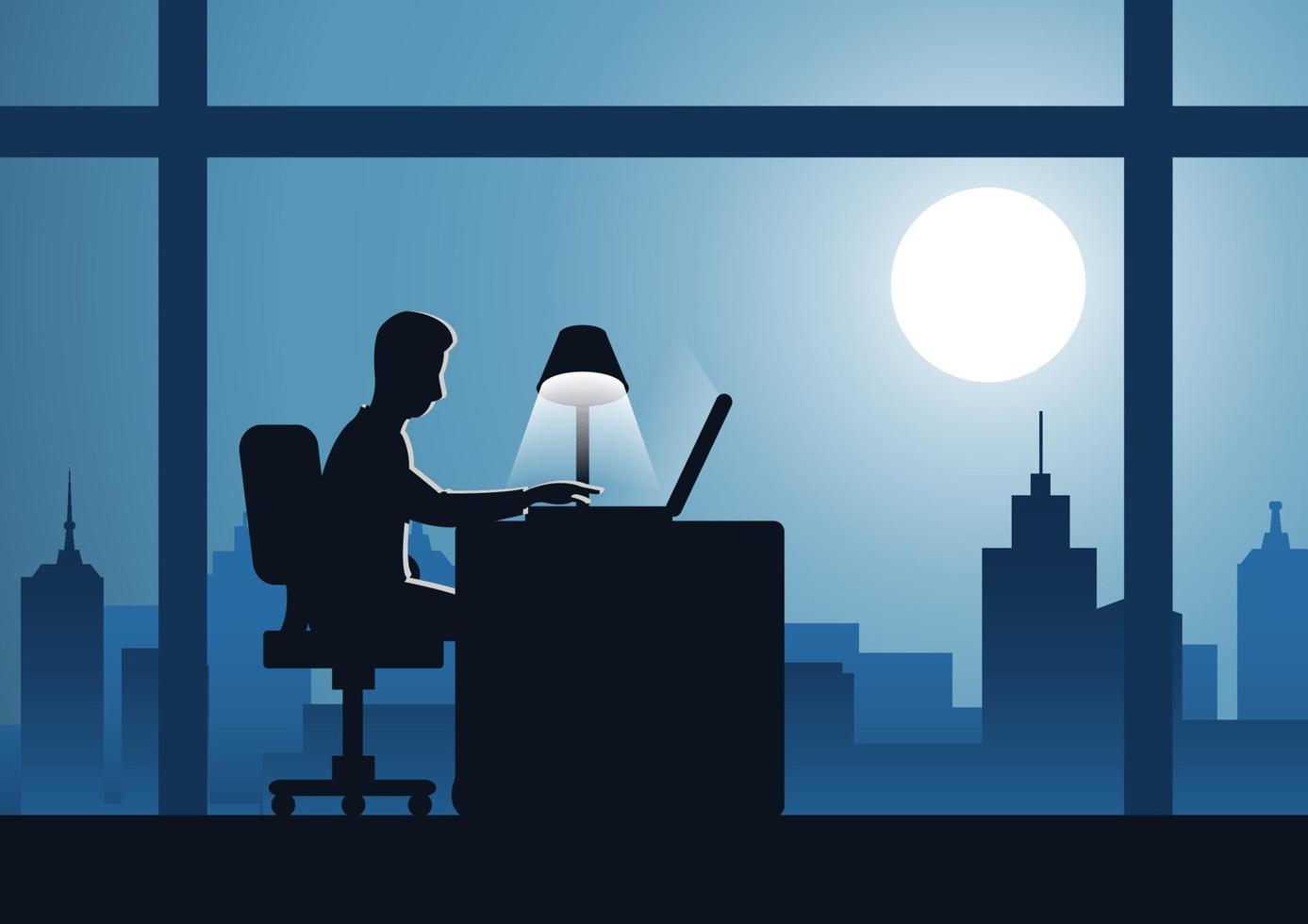 business man works overtime in cityscape at night vector