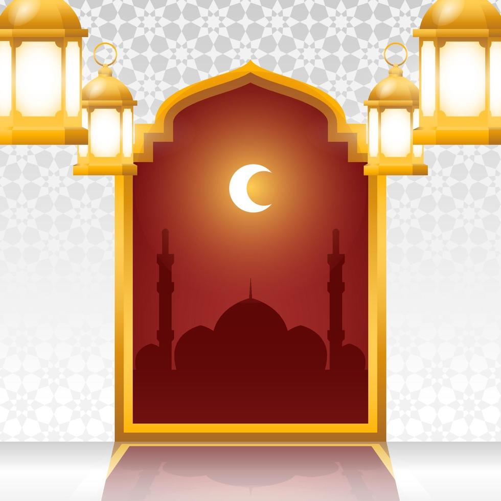 Fondo de eid mubarak con linternas colgantes y arco arabesco. vector