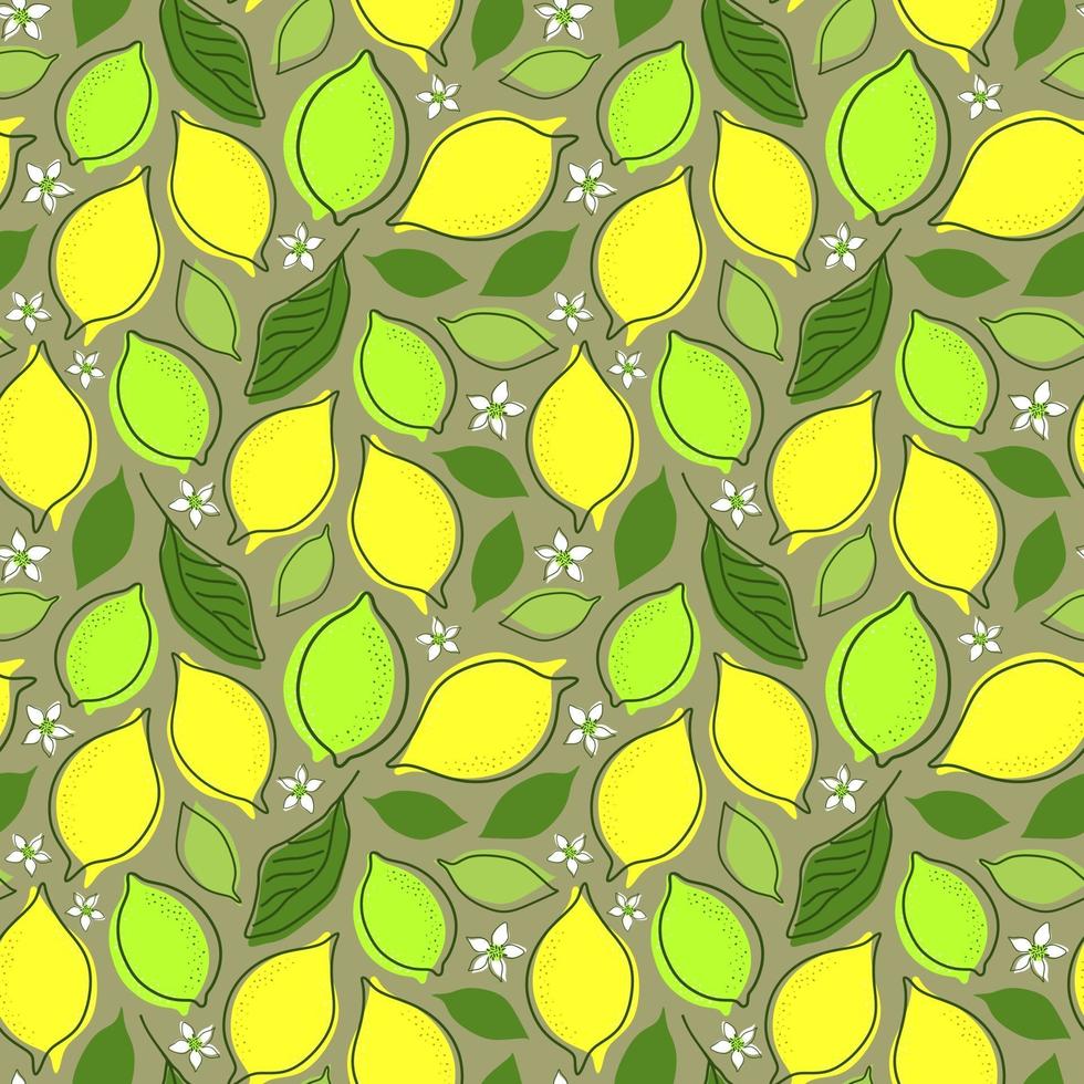 SEAMLESS GREY BACKGROUND WITH LEMON FRUIT AND LEAVES vector