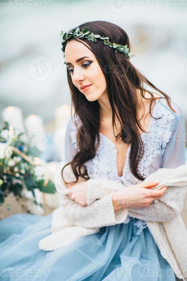 Young woman in love on a mountain river photo