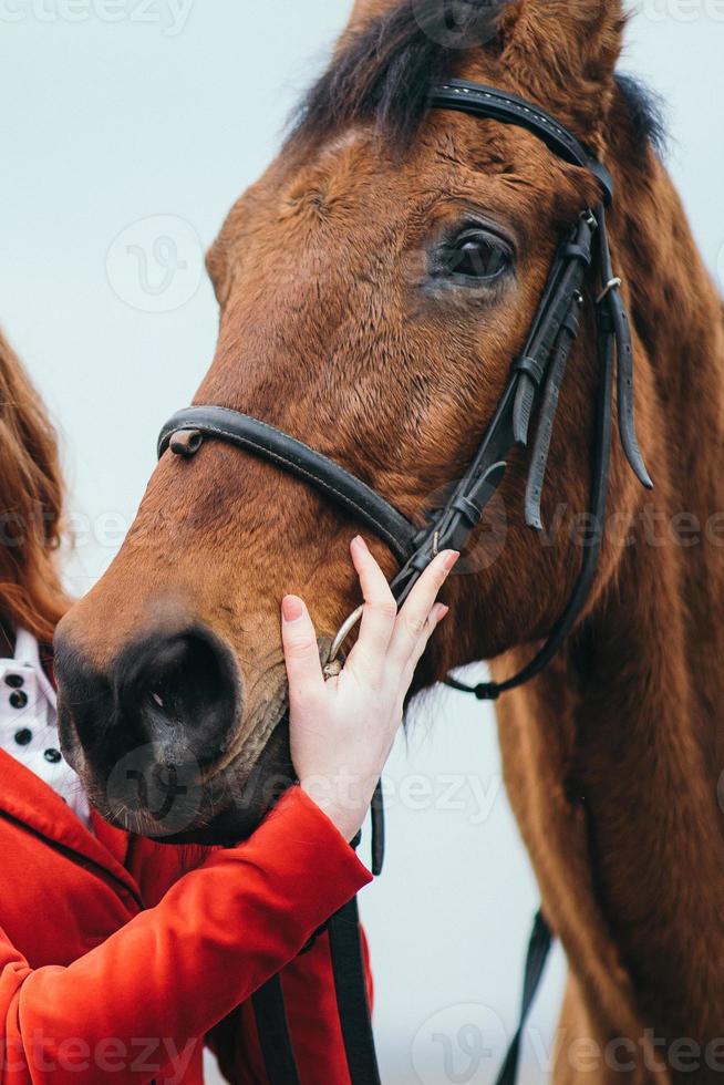 Red-haired jockey girl in a red cardigan and black high boots with a horse photo