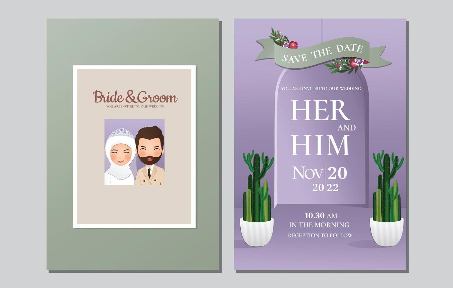 Wedding invitation card the bride and groom cute muslim couple cartoon character with green cactus vector