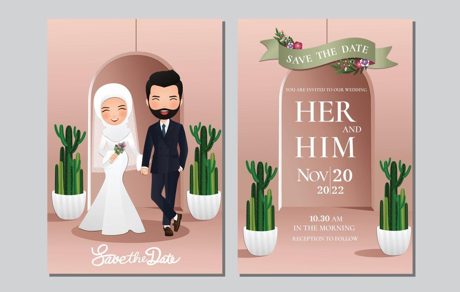 Tarjeta de invitación de boda la novia y el novio linda pareja musulmana personaje de dibujos animados con cactus verde y fondo rosa claro ilustración vectorial. vector