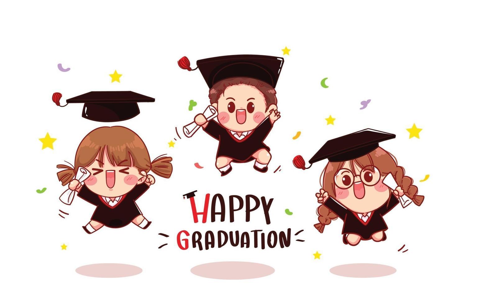 Group of cute kids graduating cartoon art illustration vector