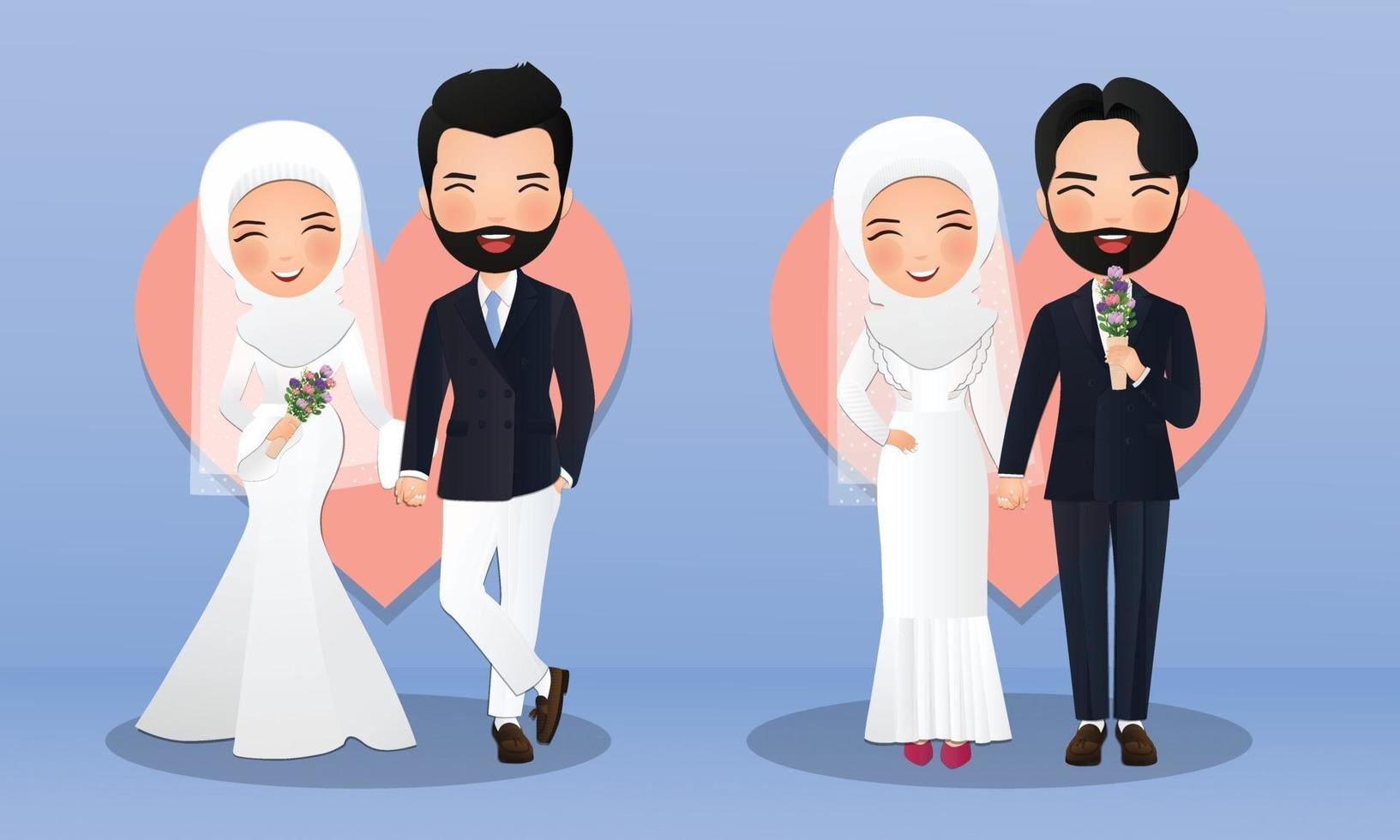 Set of characters cute muslim bride and groom.Vector illustration in couple cartoon in love vector