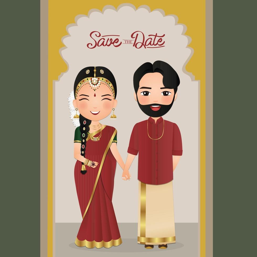 Wedding invitation card the bride and groom cute couple in traditional indian dress cartoon character. Vector illustration.