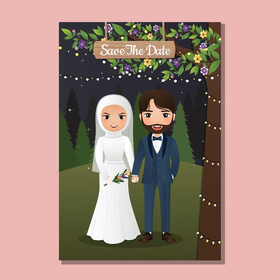 Happy loving muslim couple cartoon embracing outdoors with Landscape beautiful flowers full blooming vector