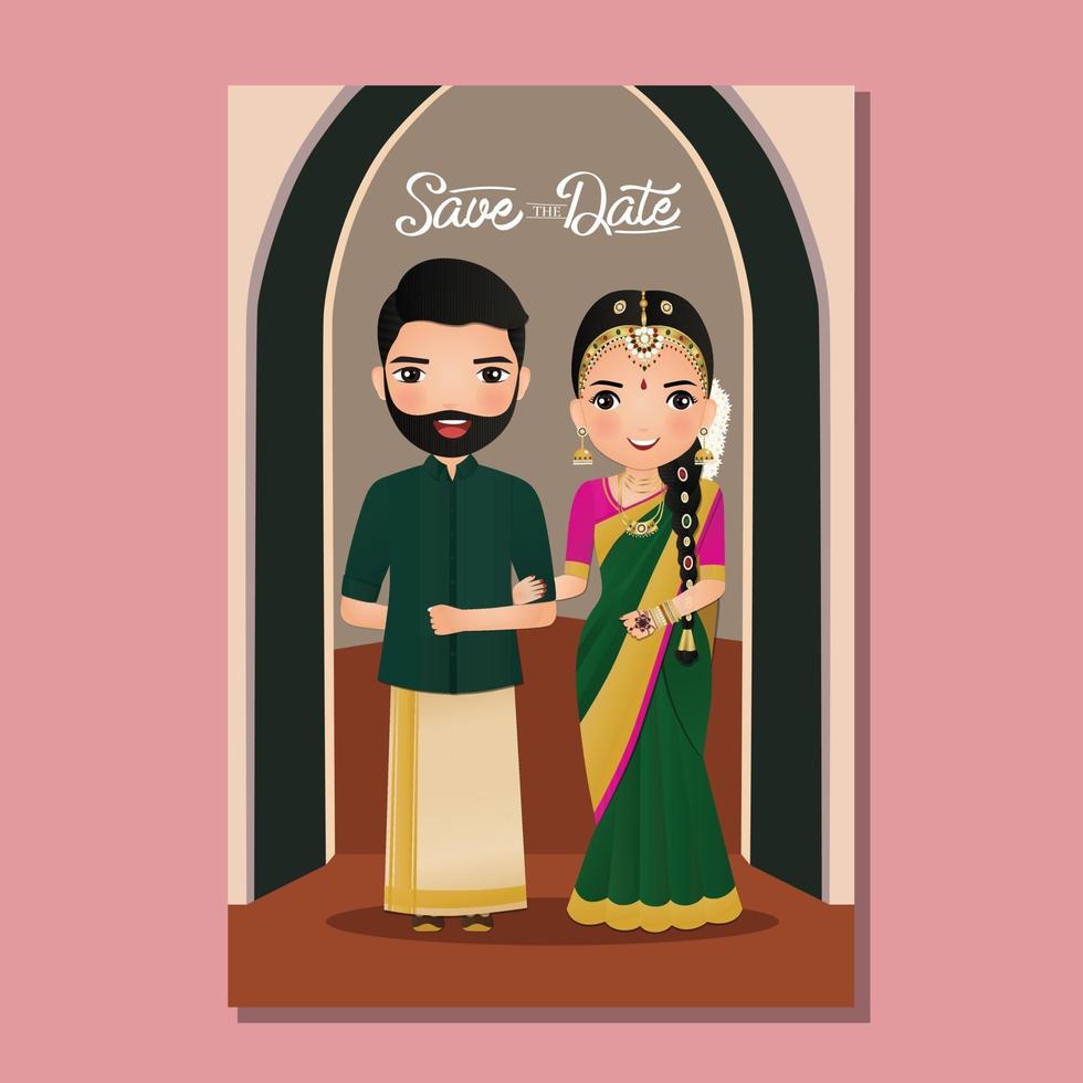 Wedding invitation card the bride and groom cute couple in traditional indian dress cartoon character. Vector illustration.