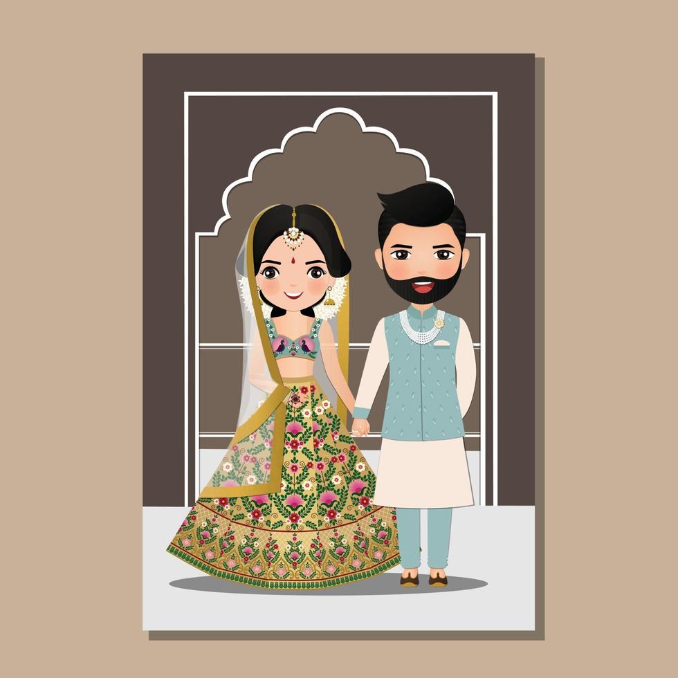 Wedding invitation card the bride and groom cute couple in traditional indian dress cartoon character. Vector illustration.