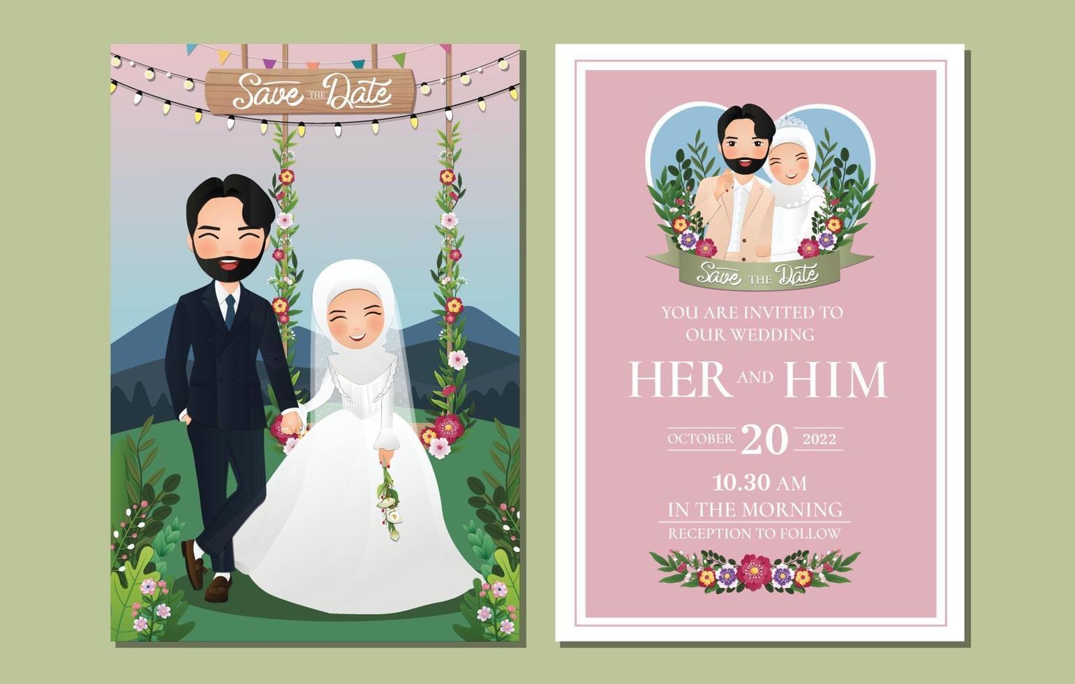 tarjeta de invitación de boda linda pareja musulmana personaje de dibujos animados tomados de la mano sentado en un columpio decorado con flores vector