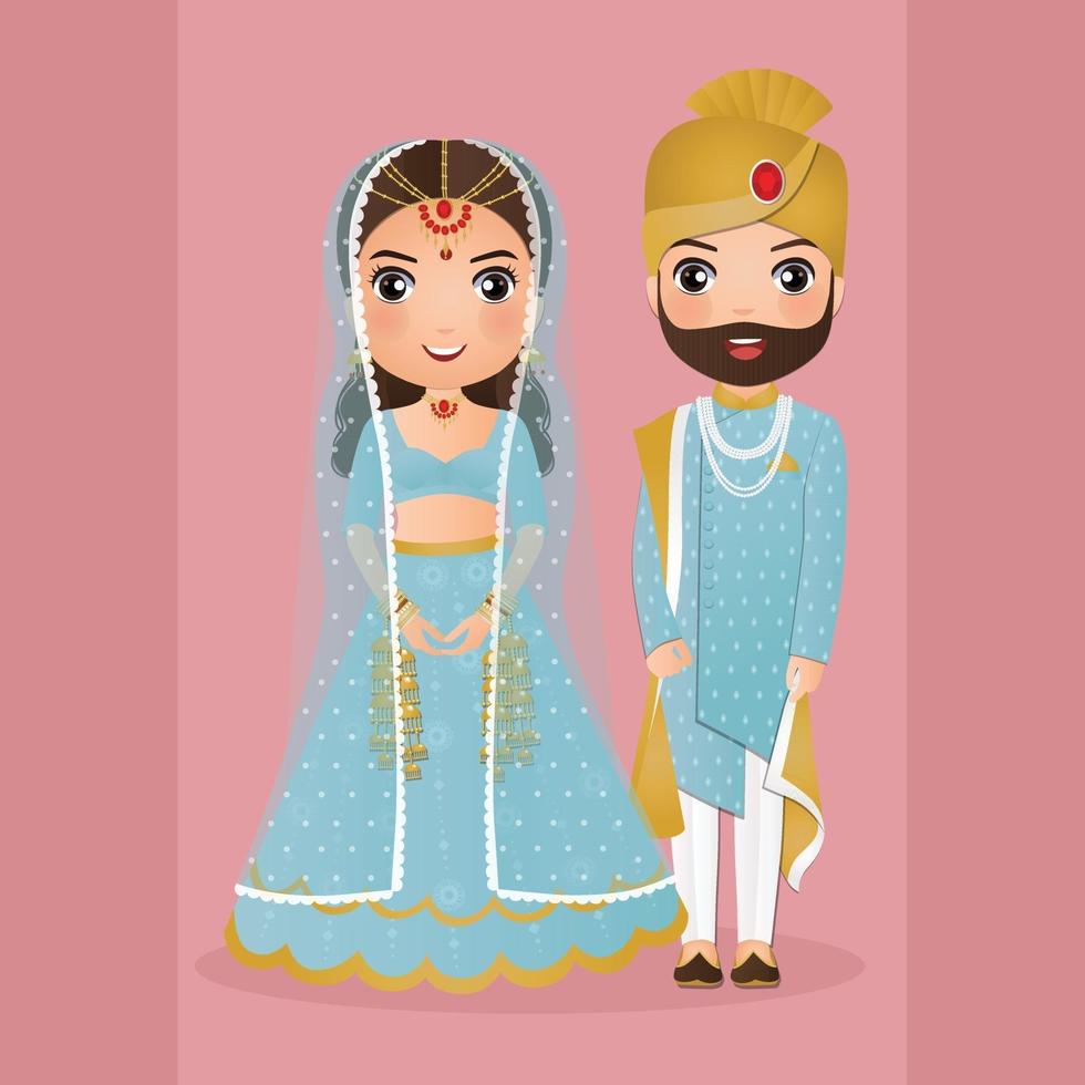 Wedding invitation card the bride and groom cute couple in traditional indian dress cartoon character. Vector illustration.