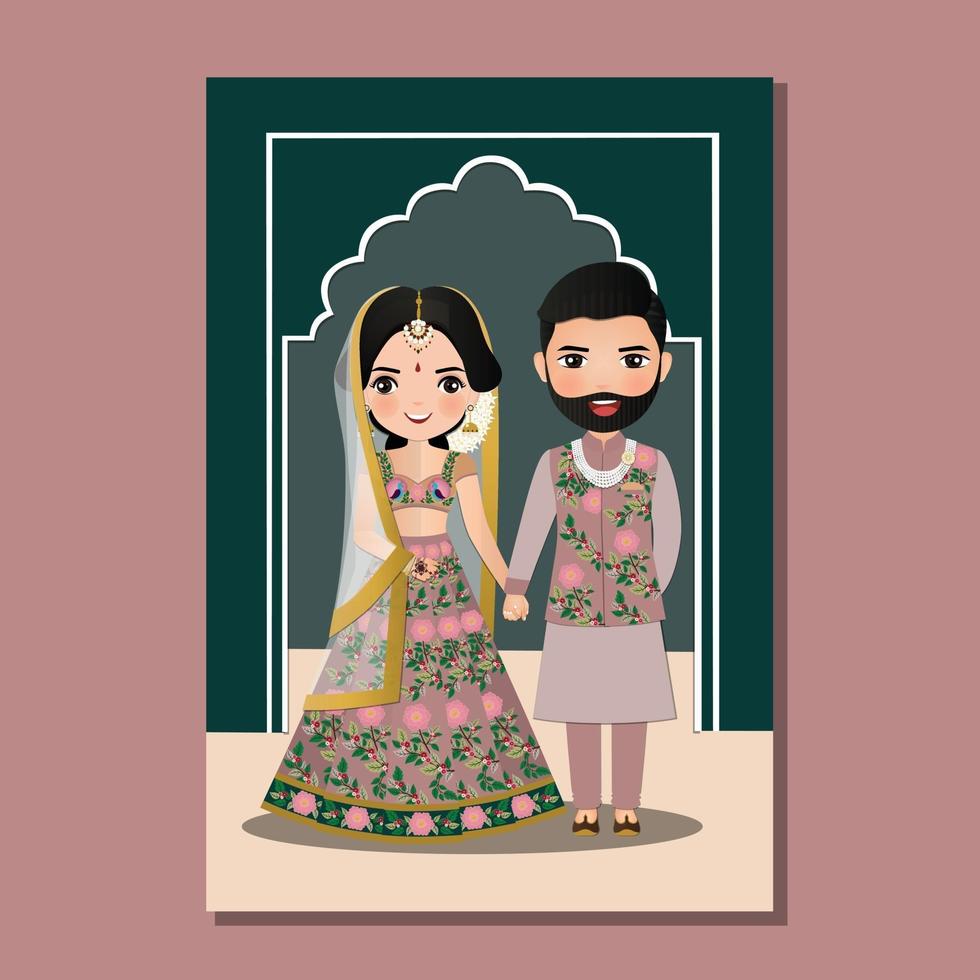 tarjeta de invitación de boda la novia y el novio linda pareja en personaje de dibujos animados de vestido indio tradicional. ilustración vectorial. vector