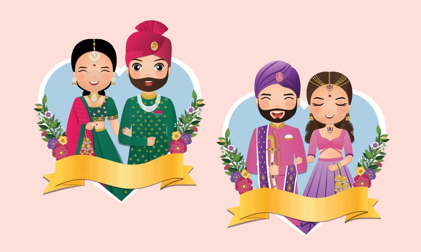 Set of Cute couple in traditional indian dress cartoon characters bride and groom.Wedding invitations card. vector