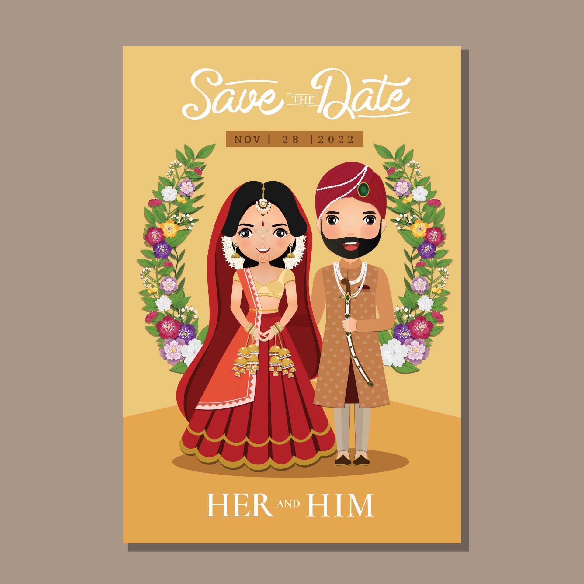 Wedding invitation card the bride and groom cute couple in traditional