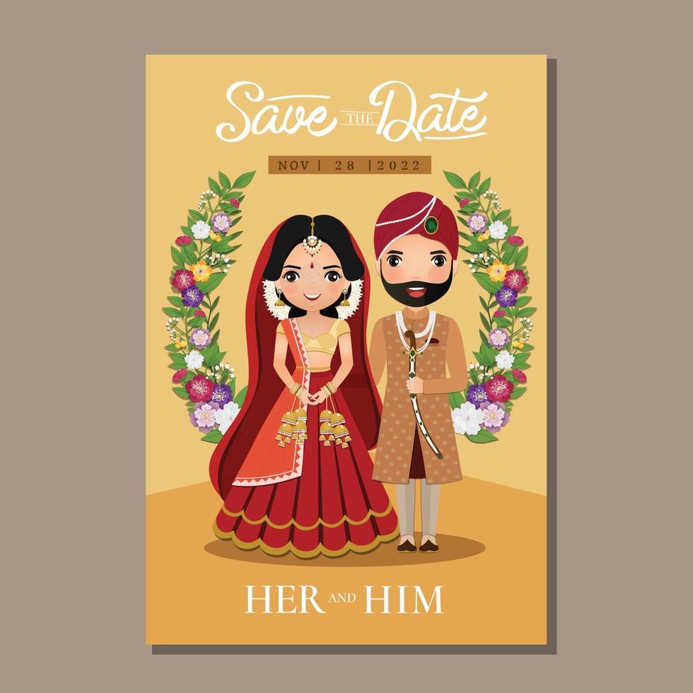 tarjeta de invitación de boda la novia y el novio linda pareja en personaje de dibujos animados de vestido indio tradicional. ilustración vectorial. vector