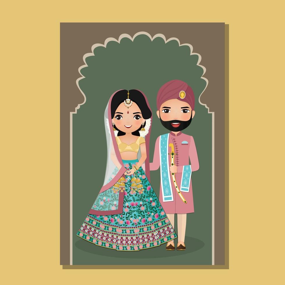 tarjeta de invitación de boda la novia y el novio linda pareja en personaje de dibujos animados de vestido indio tradicional. ilustración vectorial. vector