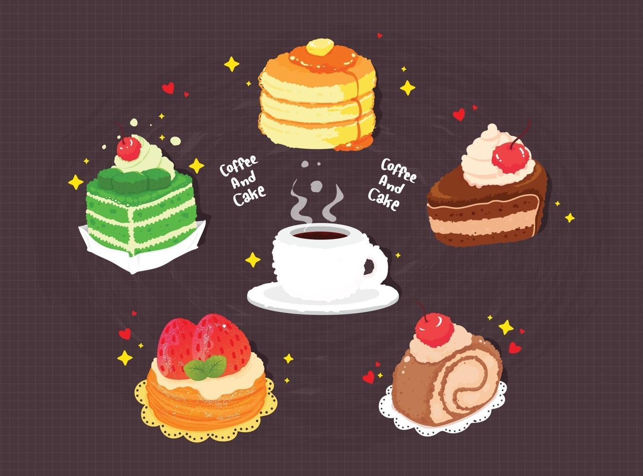 Hand drawn coffee and cake cartoon art illustration vector
