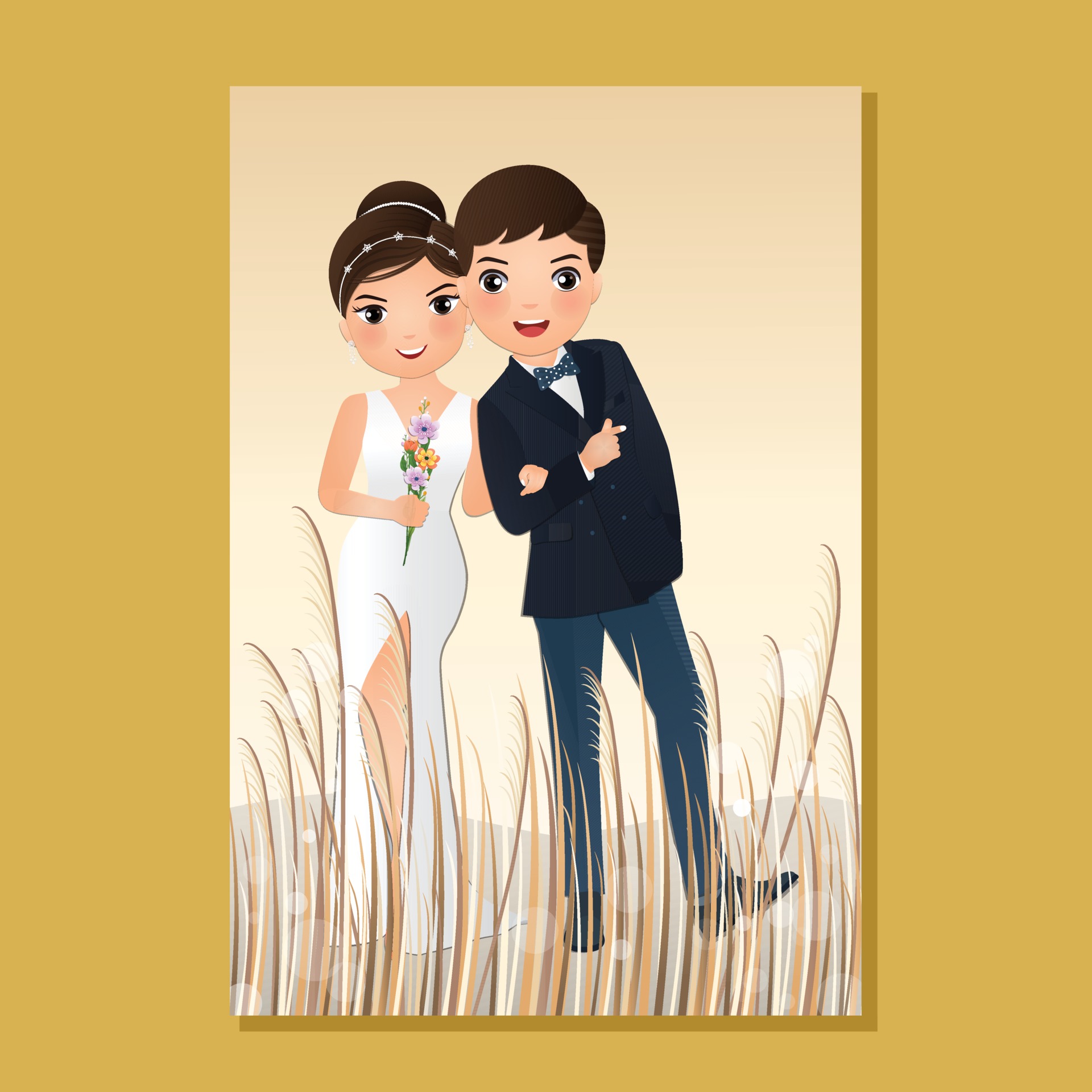 Wedding invitation card the bride and groom cute couple cartoon with  Landscape beautiful background 2335503 Vector Art at Vecteezy