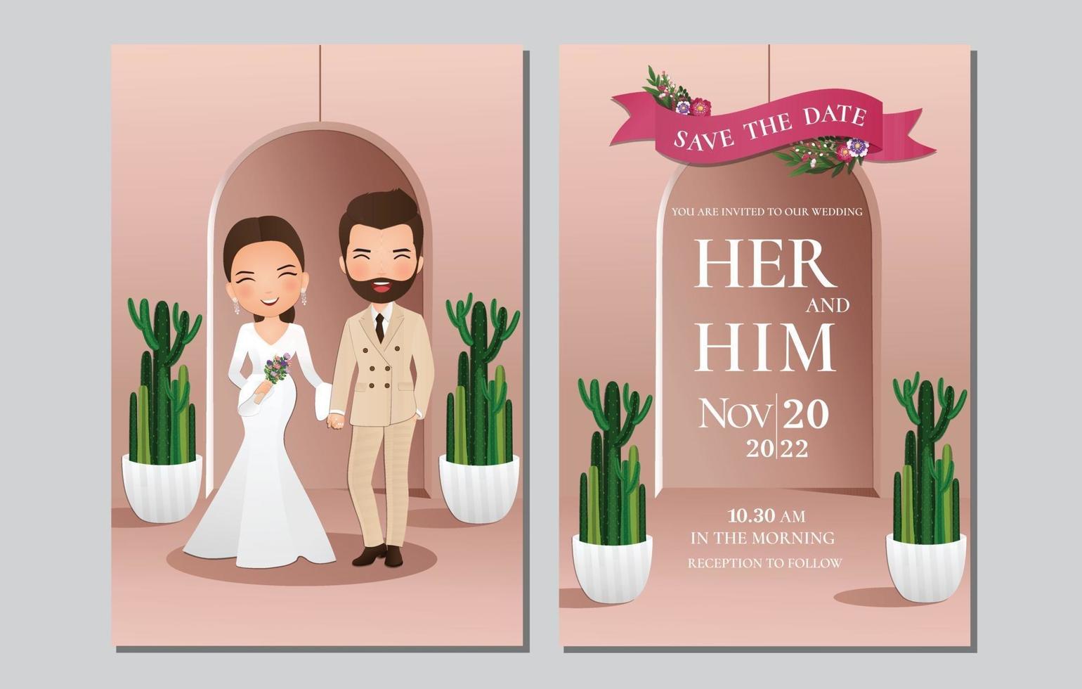 Tarjeta de invitación de boda la novia y el novio personaje de dibujos animados linda pareja con cactus verde y fondo rosa claro.Ilustración de vector