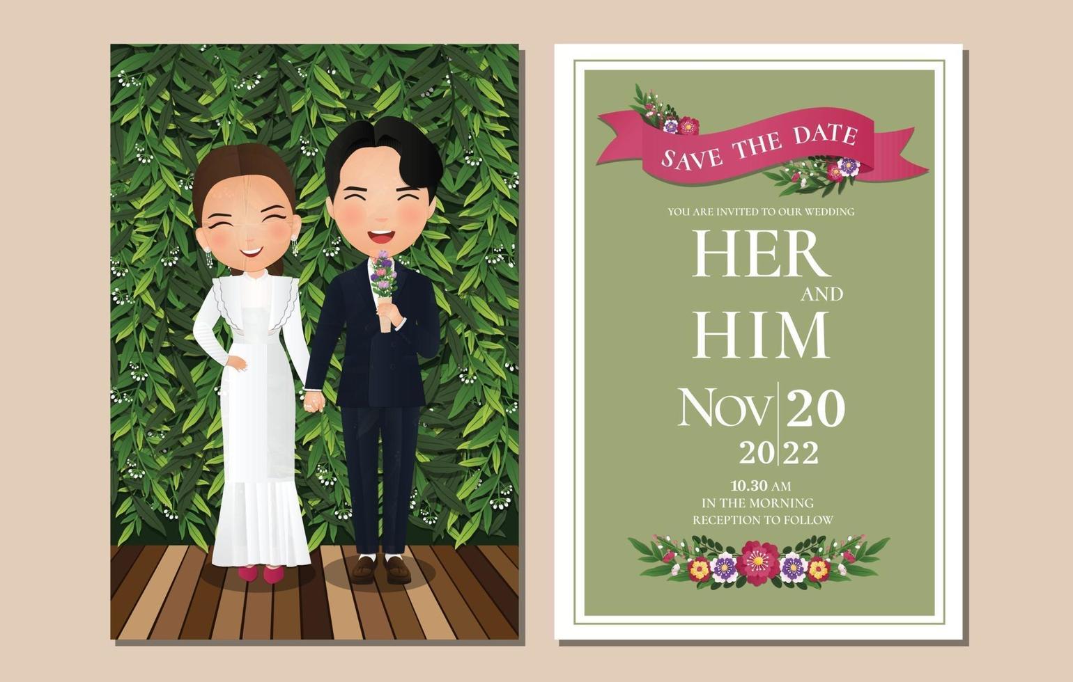Wedding invitation card the bride and groom cute couple cartoon character  with green leaves  illustration 2335516 Vector Art at  Vecteezy