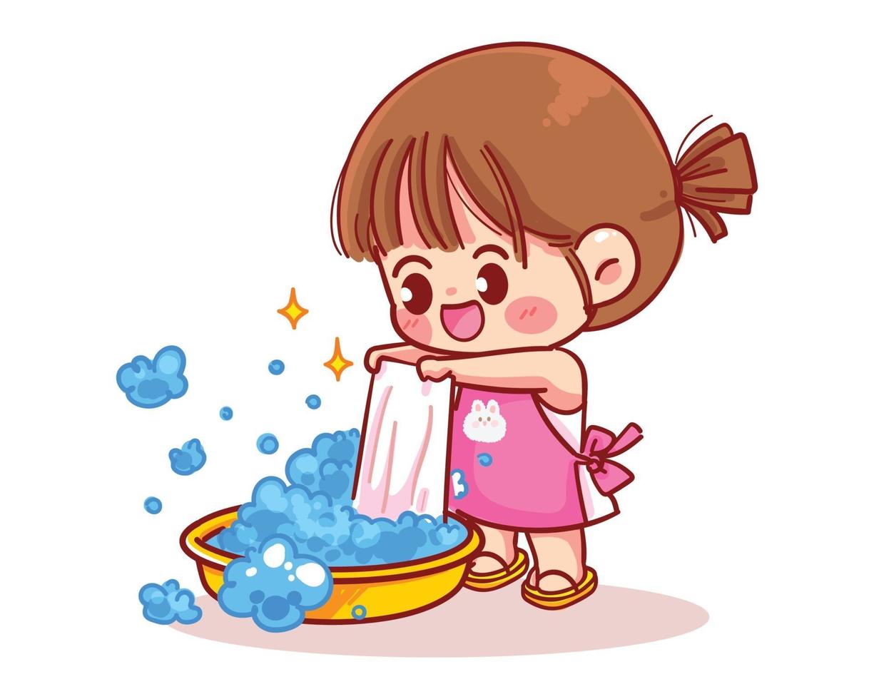 linda chica lava ropa ilustración de arte de dibujos animados vector