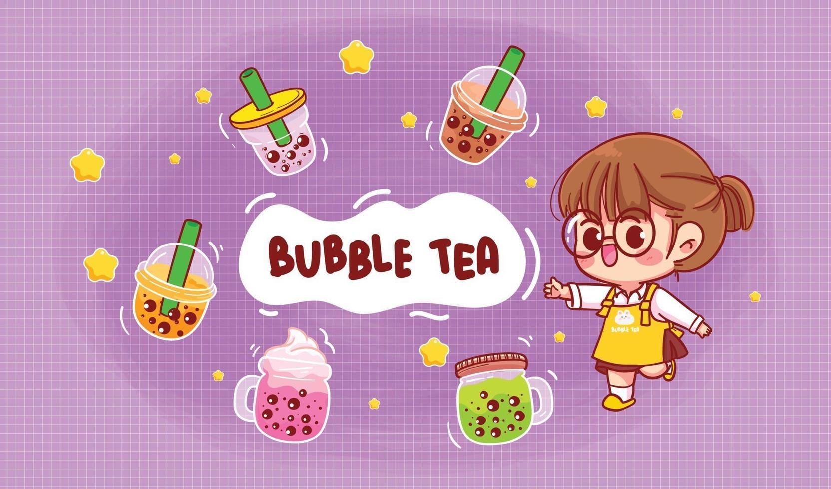 Cute girl and Bubble milk tea cartoon art illustration vector