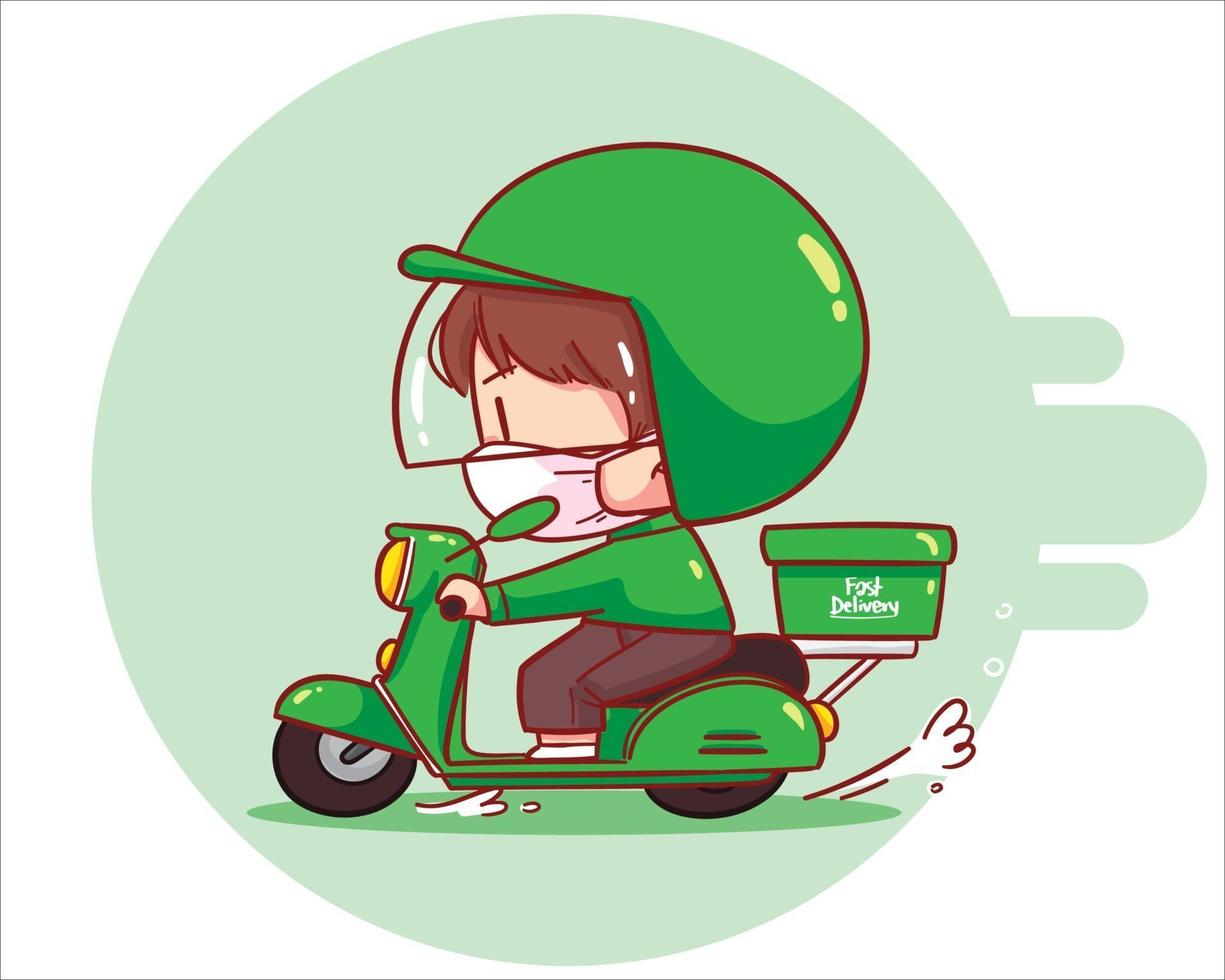 Food delivery cute man riding motorcycle cartoon art illustration vector