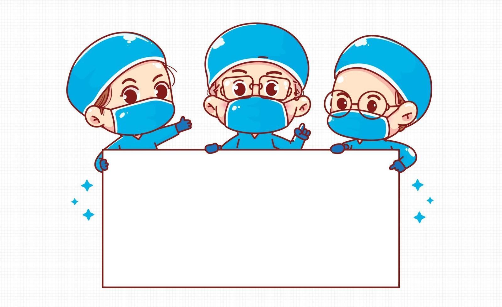 Group of happy doctors holding white blank board cartoon art illustration vector
