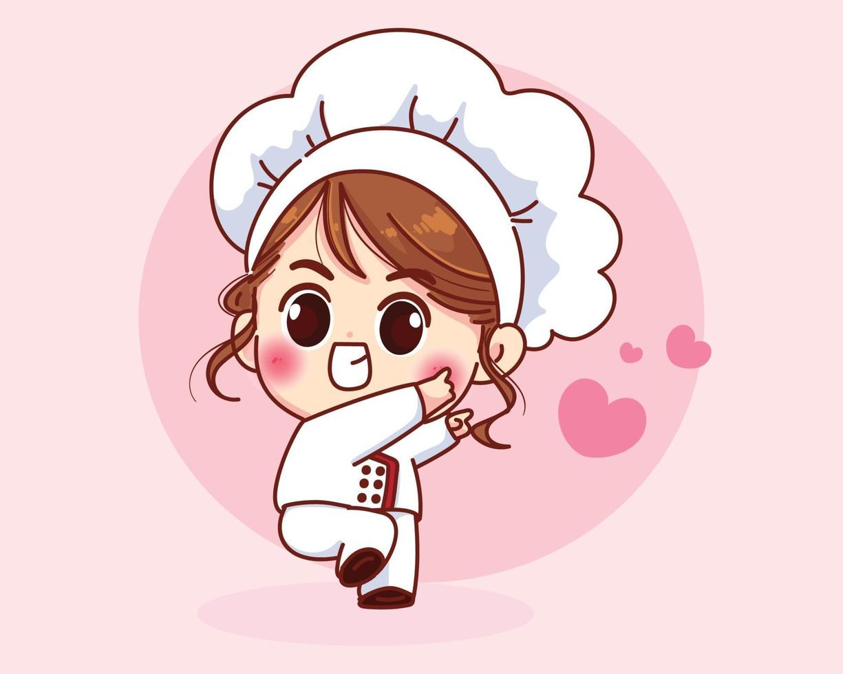 Cute chef girl smiling in uniform welcoming cartoon art illustration vector