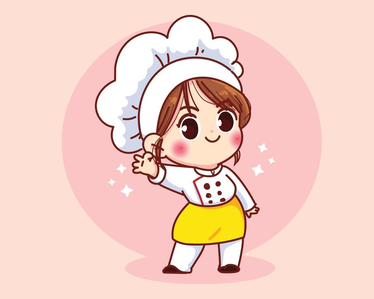 Linda chica chef sonriendo en uniforme mascota gesticulando signo ok ilustración de arte de dibujos animados vector