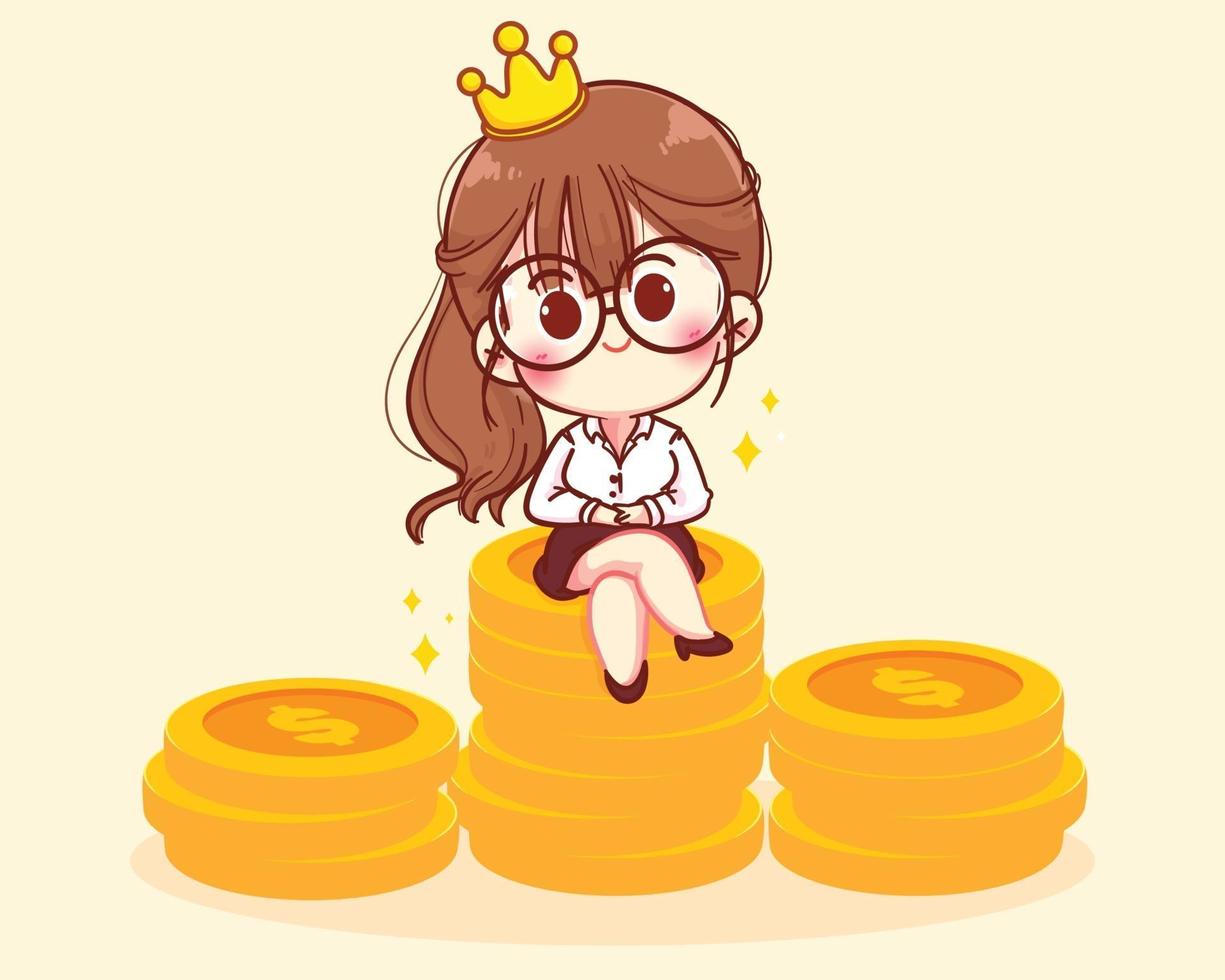 Successful woman sits on stacks of coins character cartoon art illustration vector