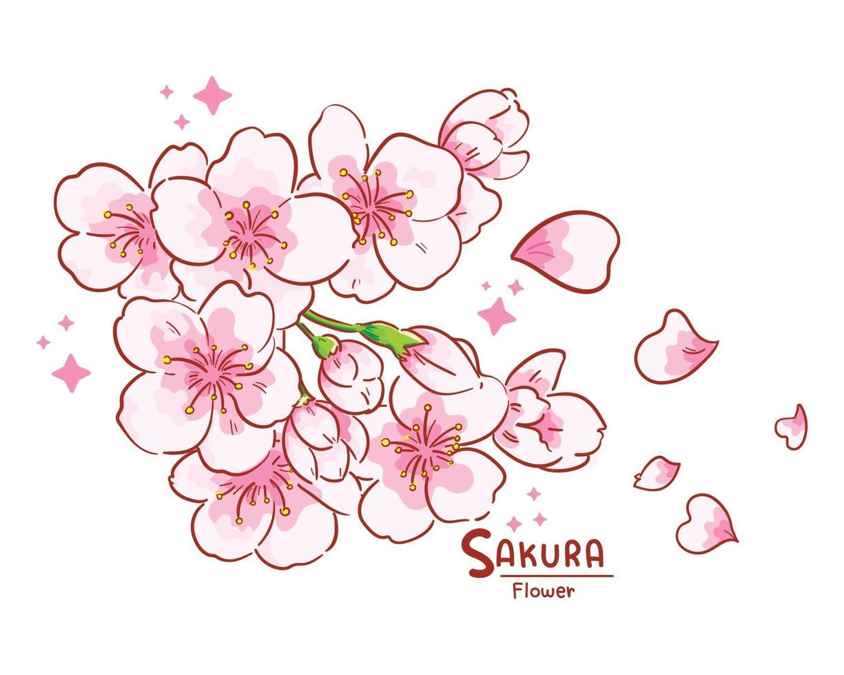 rama de flores de sakura ilustración de arte de dibujos animados dibujados a mano vector