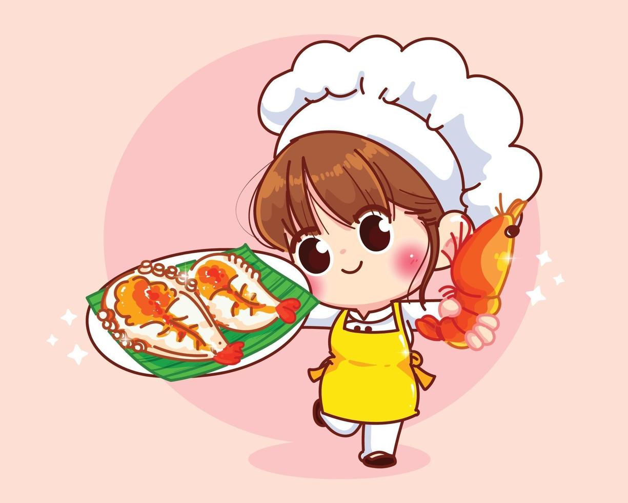 linda chica chef sonriendo en uniforme sosteniendo langostinos a la parrilla menú de mariscos ilustración de arte de dibujos animados vector