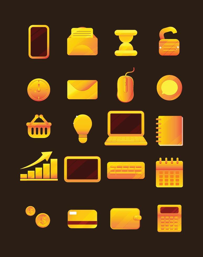 los iconos de color oro de negocios y tecnología establecen ilustración vector