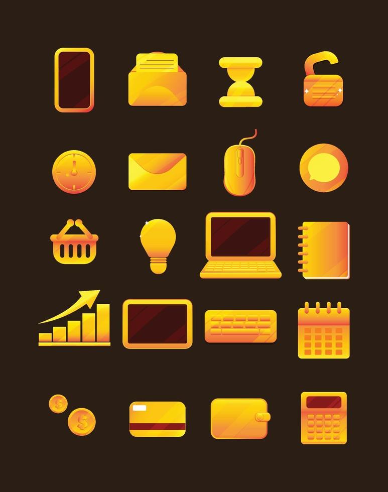 Business and Technology Gold color icons set illustration vector