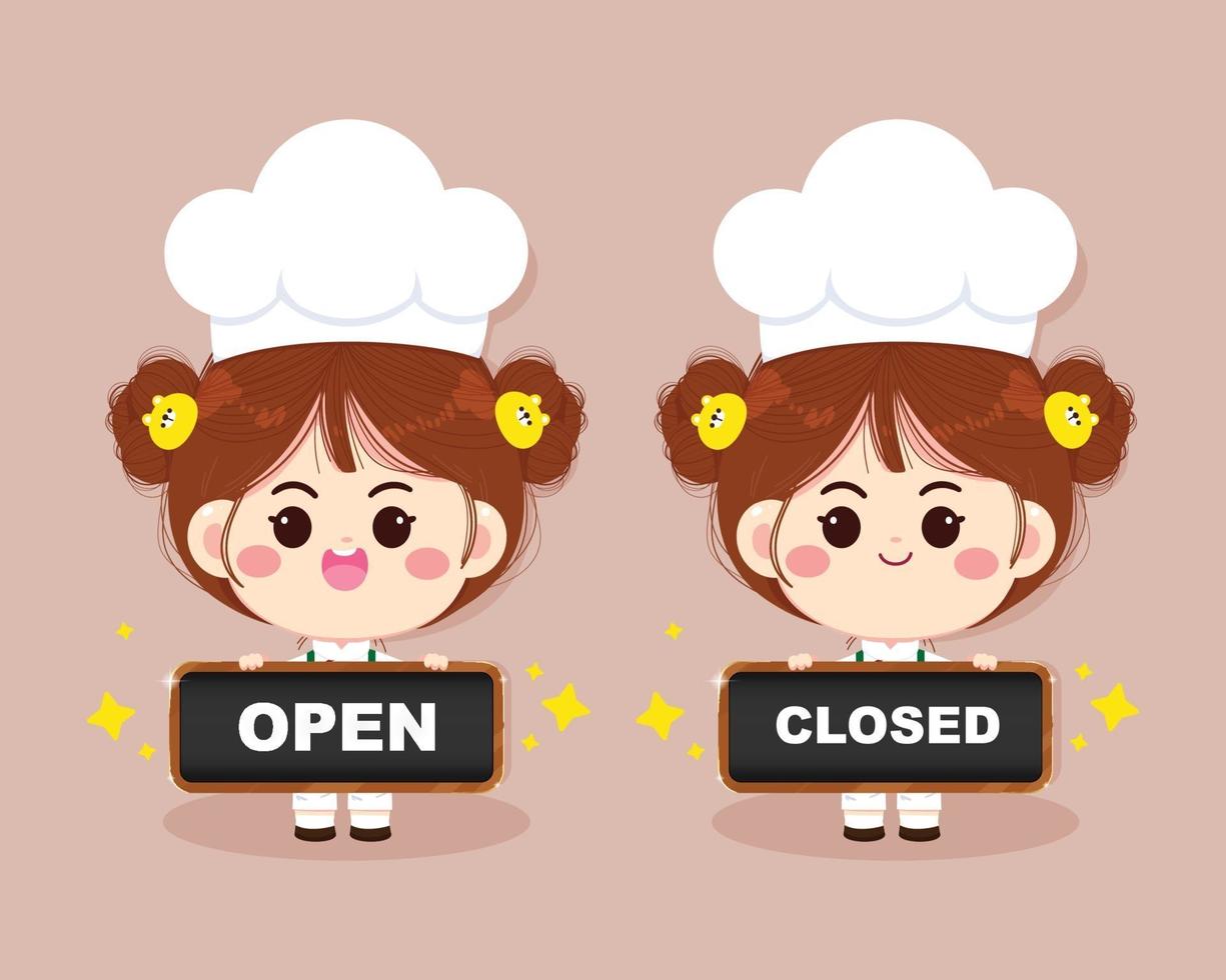 Cute chef girl smiling in uniform holding open and closed sign cartoon art illustration vector