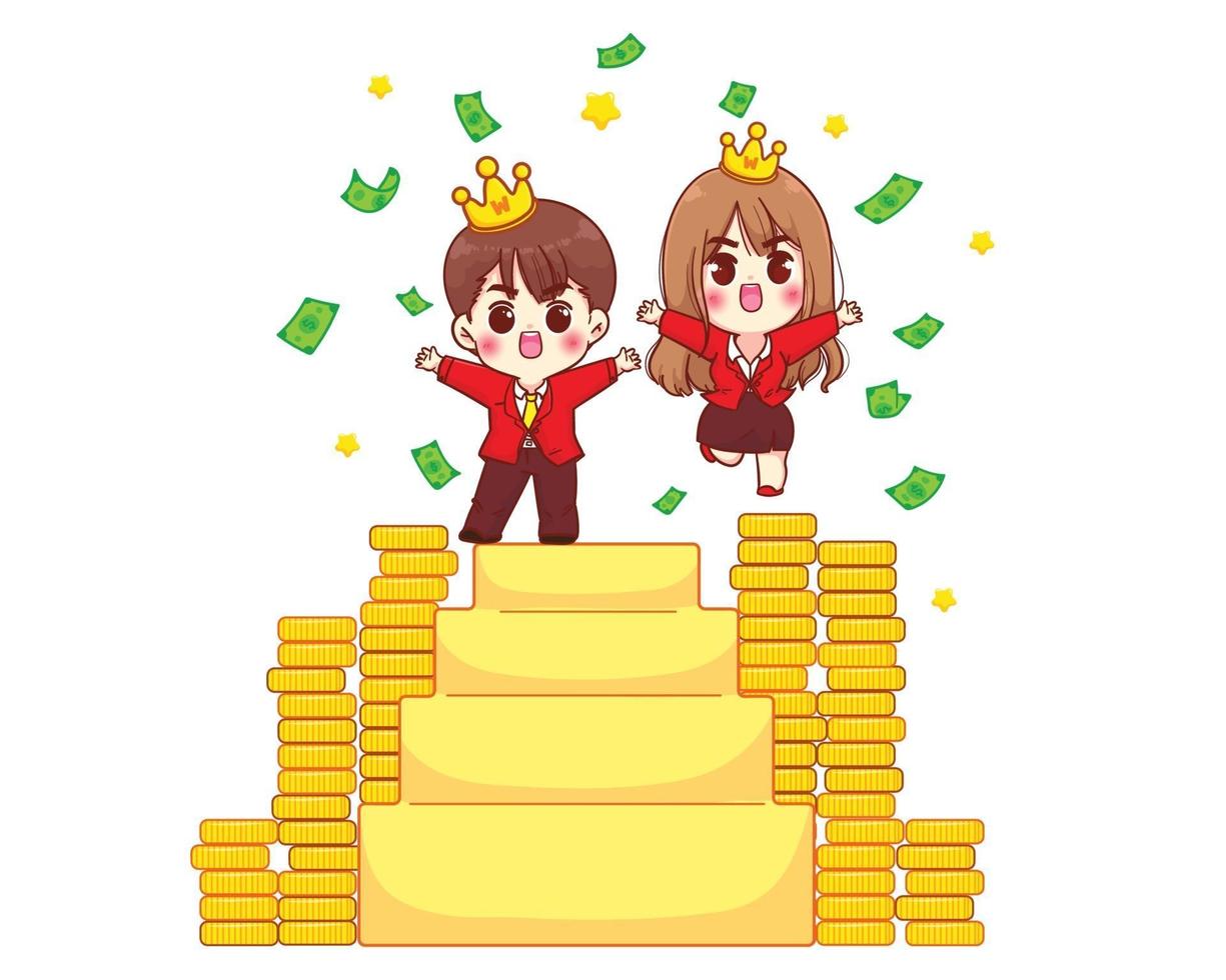 Cute successful businesswoman and businessman in suits stand on stairs vector