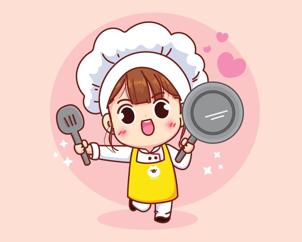 Linda chica chef sonriendo en uniforme sosteniendo sartén y espátula ilustración de arte de dibujos animados vector