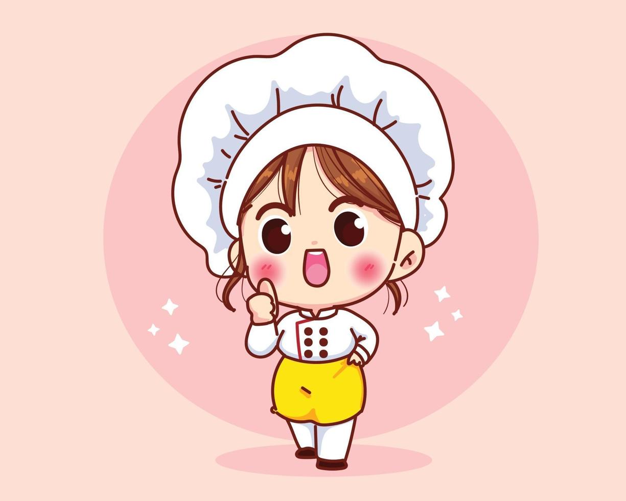 Linda chica chef sonriendo en uniforme dando pulgares arriba arte de dibujos animados vector