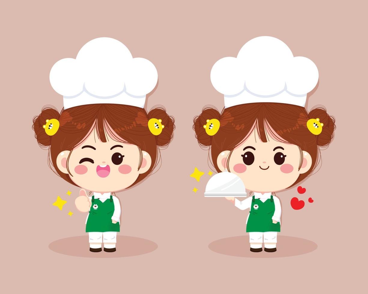 Set of Cute chef girls smiling in uniform preparing food cartoon art vector