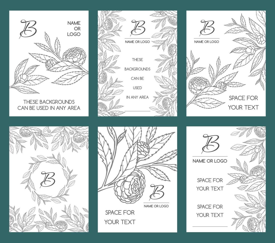 SET OF WHITE BACKGROUNDS WITH CAMELLIA TWIGS vector