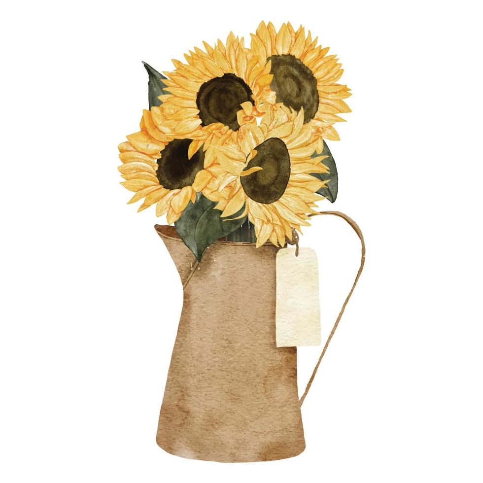 watercolor sunflower bouquet illustration with teapot vase vector