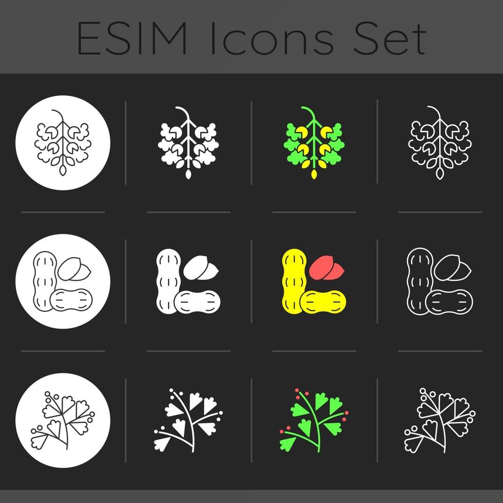 Seasonal allergen causes dark theme icons set vector